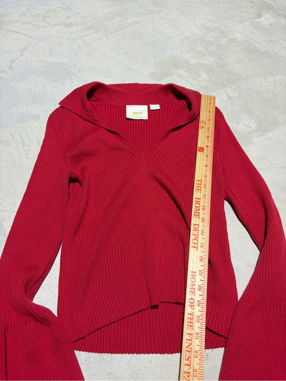 Anthropologie Maeve Red Ribbed V-Neck Bell Sleeve Sweater medium - Picture 4 of 10